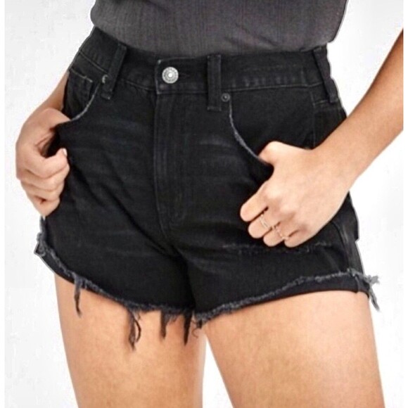American Eagle MIDI Denim Shorts Frayed Hem Black Next Level Stretch - Picture 1 of 12